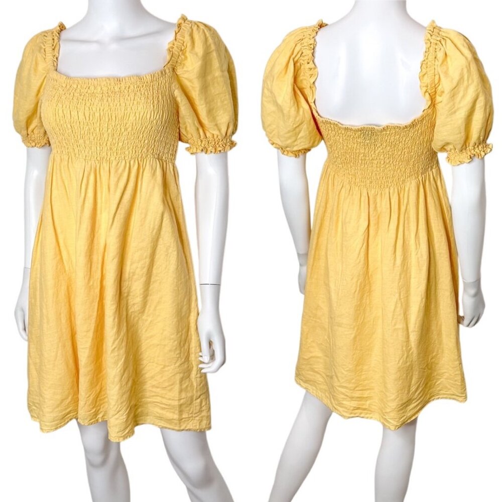 House of Harlow 1960 Linen Smocked Puff Sleeve Mini Dress in Sunset Gold Yellow